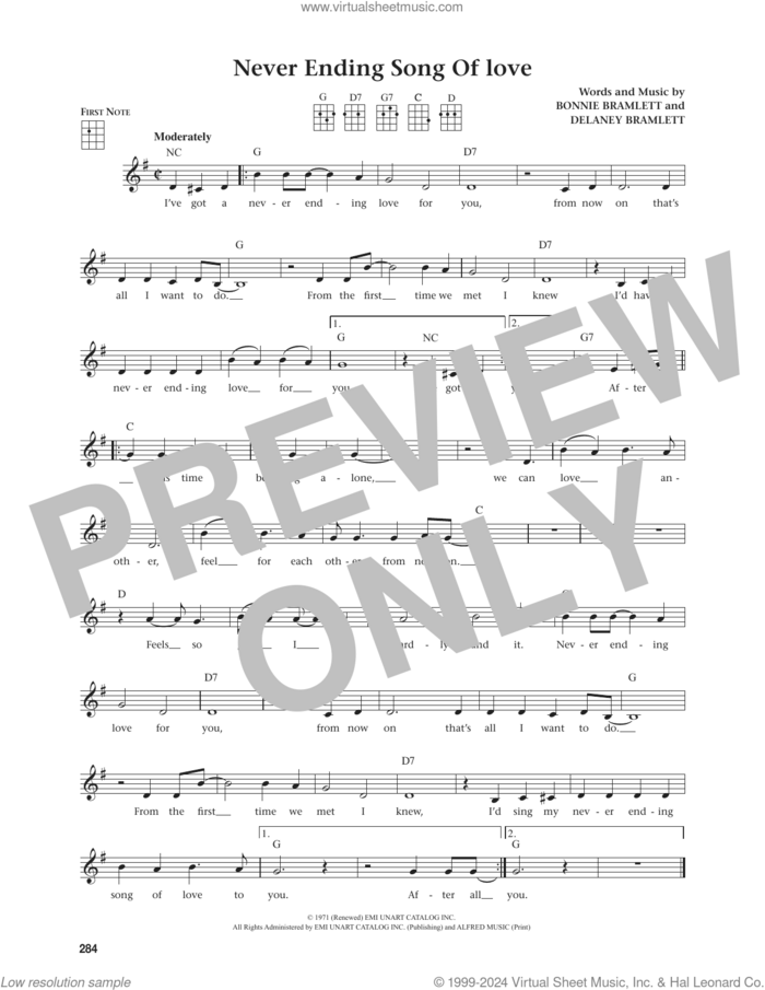 Never Ending Song Of Love (from The Daily Ukulele) (arr. Jim Beloff) sheet music for ukulele by Delaney & Bonnie, Jim Beloff, Bonnie Bramlett and Delaney Bramlett, intermediate skill level