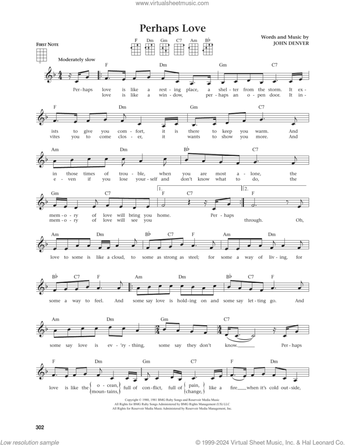 Perhaps Love (from The Daily Ukulele) (arr. Jim Beloff) sheet music for ukulele by John Denver and Placido Domingo, Jim Beloff and John Denver, intermediate skill level