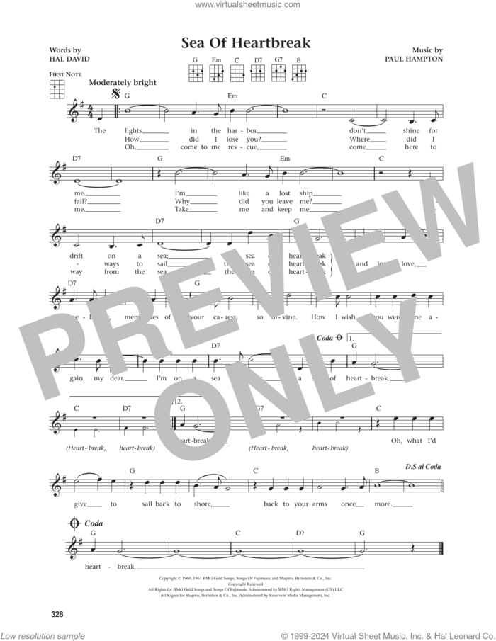 Sea Of Heartbreak (from The Daily Ukulele) (arr. Jim Beloff) sheet music for ukulele by Don Gibson, Jim Beloff, Hal David and Paul Hampton, intermediate skill level