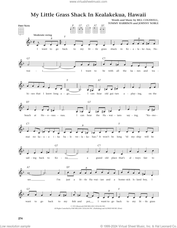 My Little Grass Shack In Kealakekua, Hawaii (from The Daily Ukulele) (arr. Jim Beloff) sheet music for ukulele by Bill Cogswell, Jim Beloff, Johnny Noble and Tommy Harrison, intermediate skill level