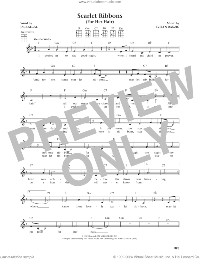 Scarlet Ribbons (For Her Hair) (from The Daily Ukulele) (arr. Jim Beloff) sheet music for ukulele by Evelyn Danzig, Jim Beloff and Jack Segal, intermediate skill level