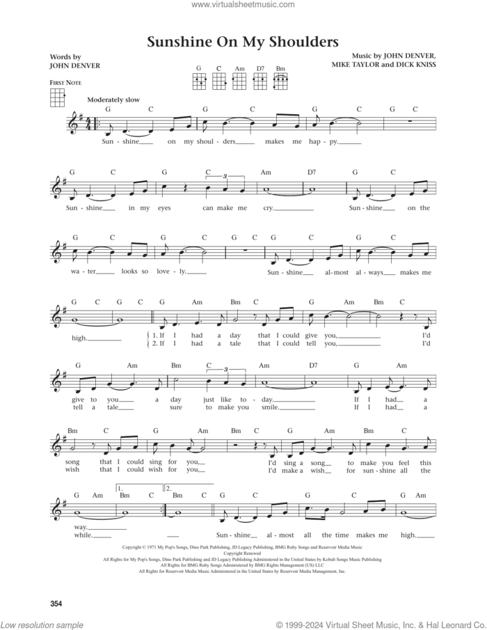 Sunshine On My Shoulders (from The Daily Ukulele) (arr. Jim Beloff) sheet music for ukulele by John Denver, Jim Beloff, Dick Kniss and Mike Taylor, intermediate skill level