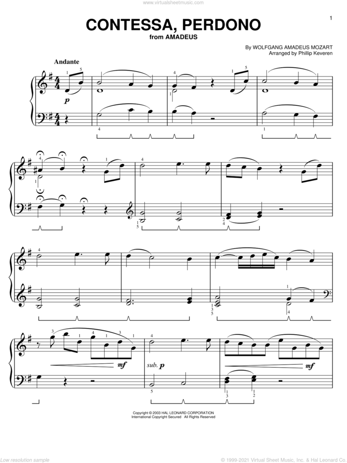 Contessa Perdono (from Amadeus) (arr. Phillip Keveren) sheet music for piano solo by Wolfgang Amadeus Mozart and Phillip Keveren, classical score, easy skill level