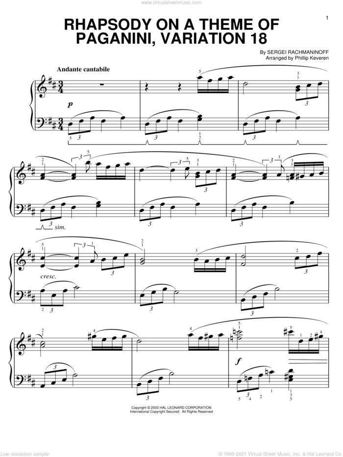 Rhapsody On A Theme Of Paganini, Variation XVIII (from Somewhere in Time) (arr. Phillip Keveren) sheet music for piano solo by Serjeij Rachmaninoff and Phillip Keveren, classical score, easy skill level
