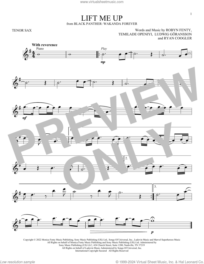 Lift Me Up (from Black Panther: Wakanda Forever) sheet music for tenor saxophone solo by Rihanna, Ludwig Goransson, Robyn Fenty, Ryan Coogler and Temilade Openiyi, intermediate skill level