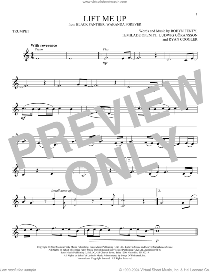 Lift Me Up (from Black Panther: Wakanda Forever) sheet music for trumpet solo by Rihanna, Ludwig Goransson, Robyn Fenty, Ryan Coogler and Temilade Openiyi, intermediate skill level