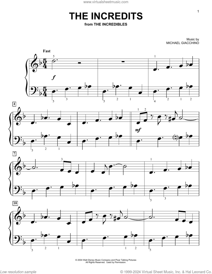 The Incredits (from The Incredibles) sheet music for piano solo (big note book) by Michael Giacchino, easy piano (big note book)