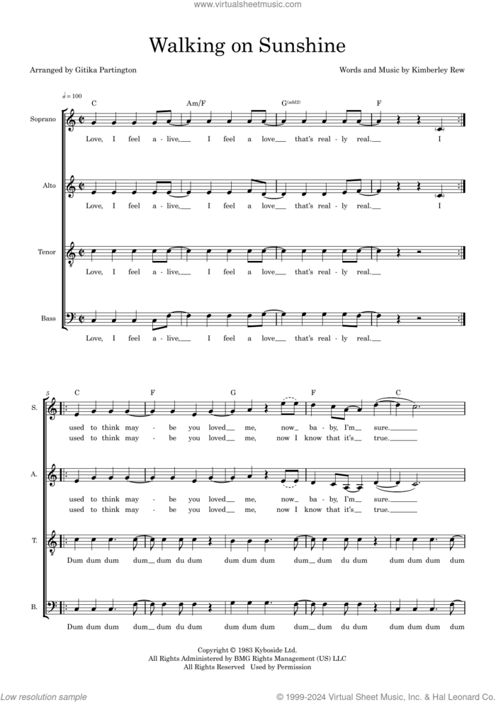 Walking On Sunshine (arr. Gitika Partington) sheet music for choir (SATB: soprano, alto, tenor, bass) by Katrina And The Waves, Gitika Partington and Kimberley Rew, intermediate skill level