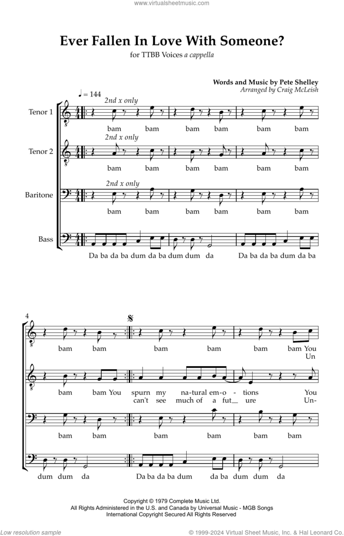 Ever Fallen In Love (arr. Craig McLeish) sheet music for choir (TTBB: tenor, bass) by Pete Shelley and Craig McLeish, intermediate skill level