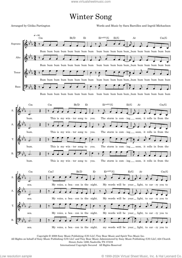 Winter Song (arr. Gitika Partington) sheet music for choir (SATB: soprano, alto, tenor, bass) by Ingrid Michaelson and Sara Bareilles, Gitika Partington, Ingrid Michaelson and Sara Bareilles, intermediate skill level