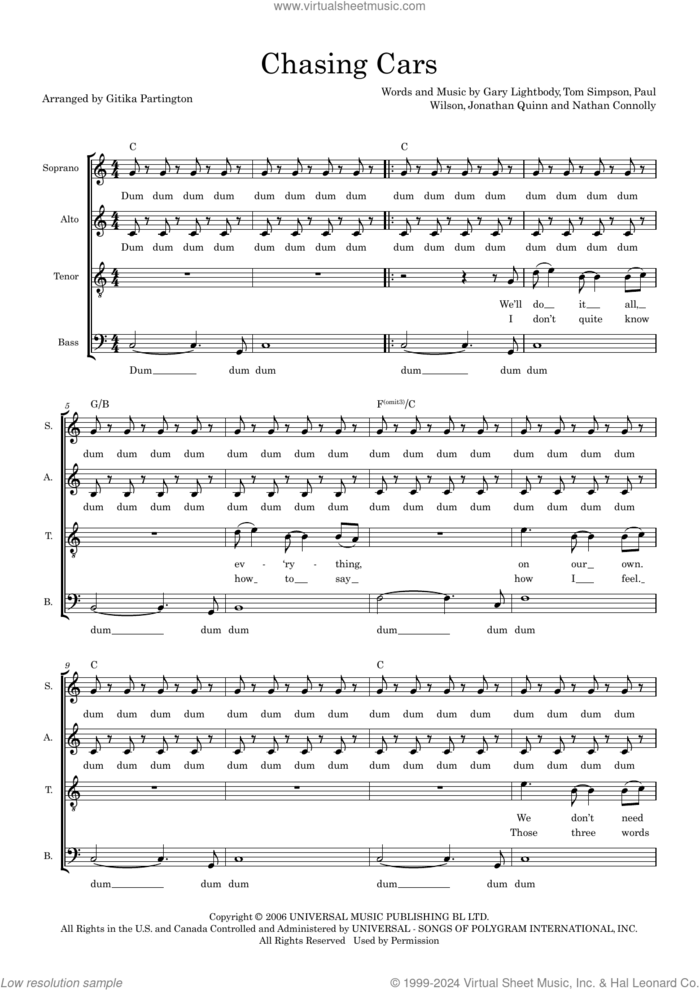 Chasing Cars (arr. Gitika Partington) sheet music for choir (SATB: soprano, alto, tenor, bass) by Snow Patrol, Gitika Partington, Gary Lightbody, Jonathan Quinn, Nathan Connolly, Paul Wilson and Tom Simpson, intermediate skill level