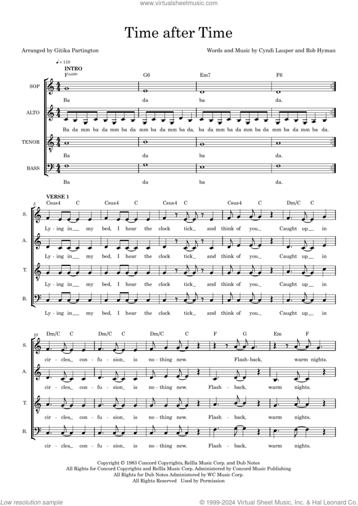 Time After Time (arr. Gitika Partington) sheet music for choir (SATB: soprano, alto, tenor, bass) by Cyndi Lauper and Gitika Partington, intermediate skill level