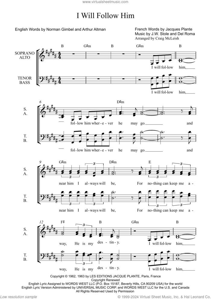 I Will Follow Him (I Will Follow You) (arr. Craig McLeish) sheet music for choir (SSATB) by Norman Gimbel, Craig McLeish, Arthur Altman, Del Roma, J.W. Stole and Jacques Plante, intermediate skill level