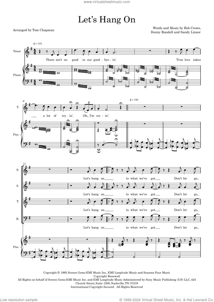 Let's Hang On (SATB) (arr. Tom Chapman) (COMPLETE) sheet music for orchestra/band (SATB) by Bob Crewe, Denny Randell, Frankie Valli And The Four Seasons, SANDY LINZER and Tom Chapman, intermediate skill level