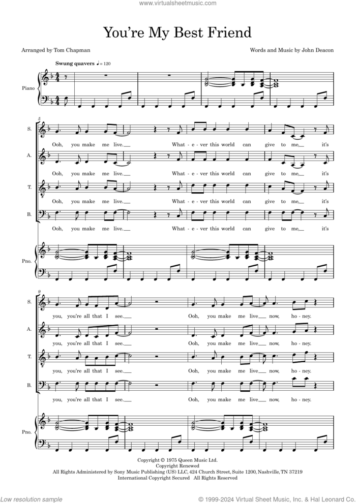 You're My Best Friend (SATB) (arr. Tom Chapman) (COMPLETE) sheet music for orchestra/band (SATB) by Queen, John Deacon and Tom Chapman, intermediate skill level