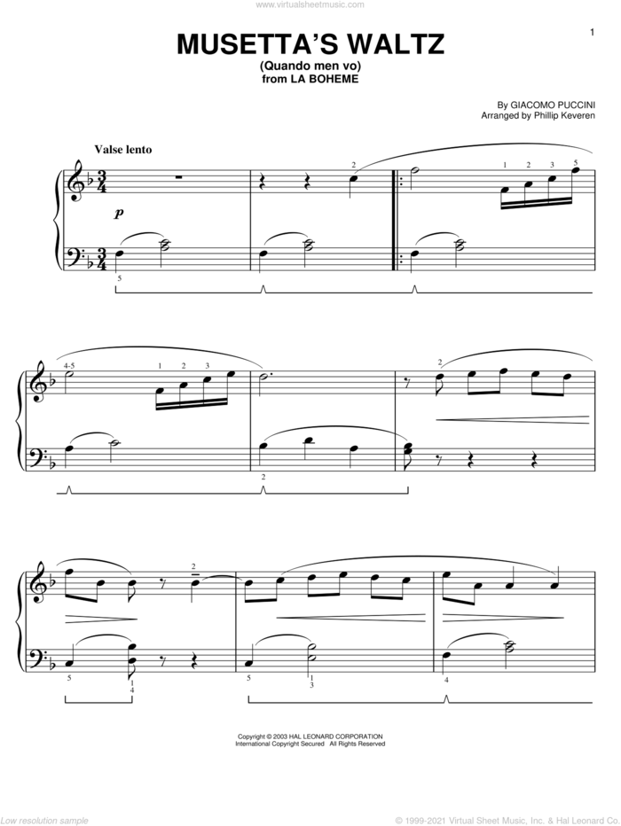 Musetta's Waltz (Quando Men Vo) (from Moonstruck) (arr. Phillip Keveren) sheet music for piano solo by Giacomo Puccini, Phillip Keveren, Giuseppe Giacosa and Luigi Illica, classical score, easy skill level