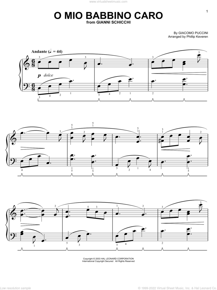 O Mio Babbino Caro (from A Room with a View) (arr. Phillip Keveren) sheet music for piano solo by Giacomo Puccini and Phillip Keveren, classical score, easy skill level