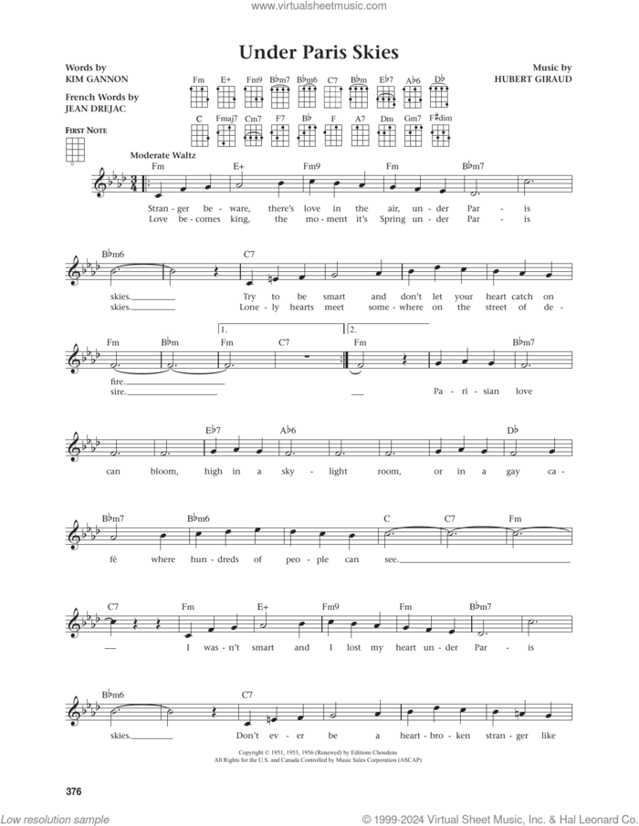 Under Paris Skies (from The Daily Ukulele) (arr. Jim Beloff) sheet music for ukulele by Jean Drejac, Jim Beloff, Hubert Giraud and Kim Gannon, intermediate skill level