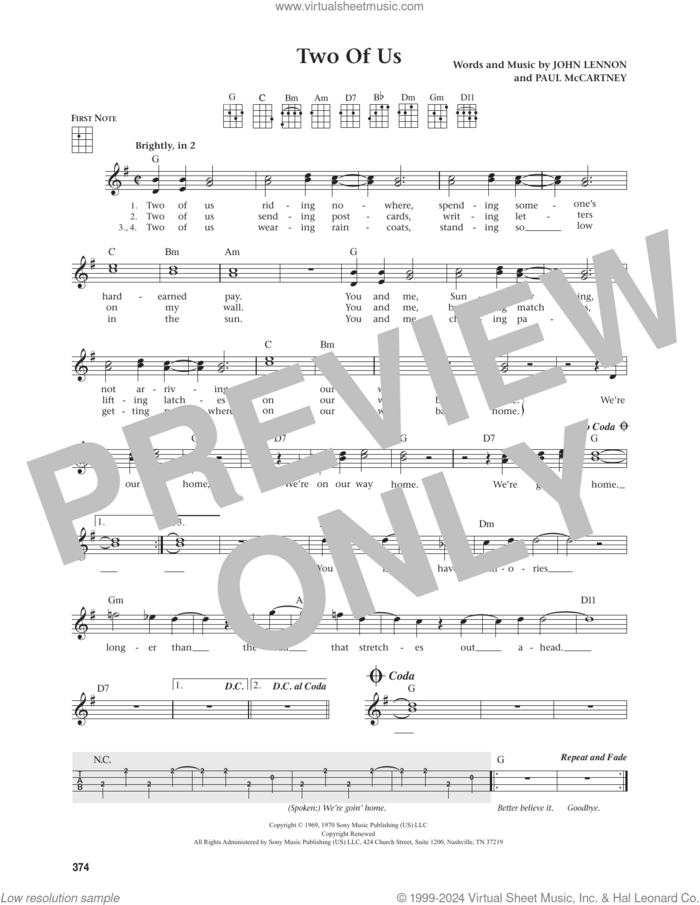 Two Of Us (from The Daily Ukulele) (arr. Jim Beloff) sheet music for ukulele by The Beatles, Jim Beloff, John Lennon and Paul McCartney, intermediate skill level