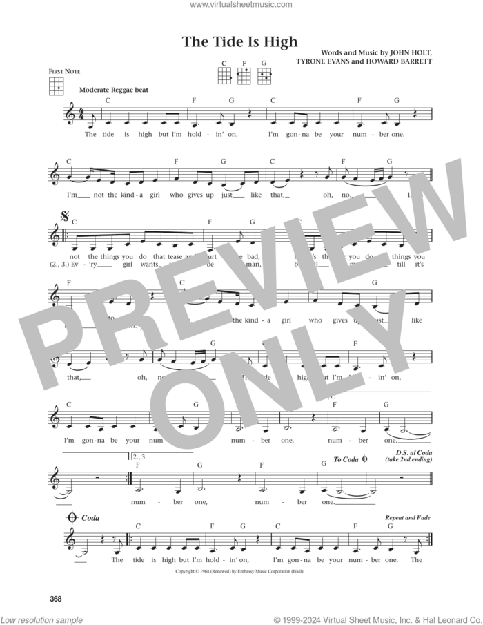 The Tide Is High (from The Daily Ukulele) (arr. Jim Beloff) sheet music for ukulele by Blondie, Jim Beloff, Howard Barrett, John Holt and Tyrone Evans, intermediate skill level