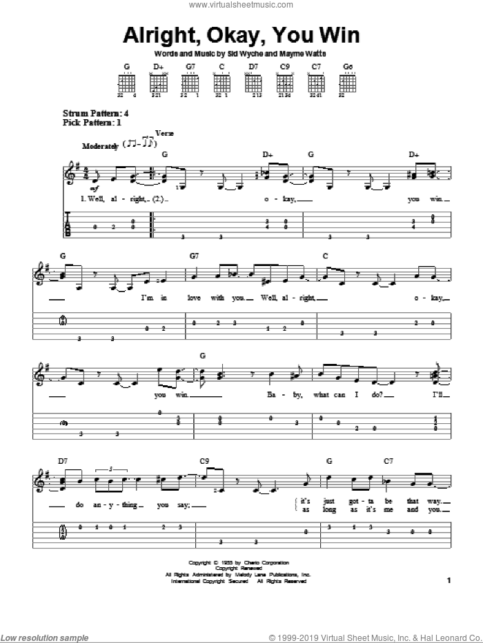 Alright, Okay, You Win sheet music for guitar solo (easy tablature) by Peggy Lee, Mayme Watts and Sid Wyche, easy guitar (easy tablature)