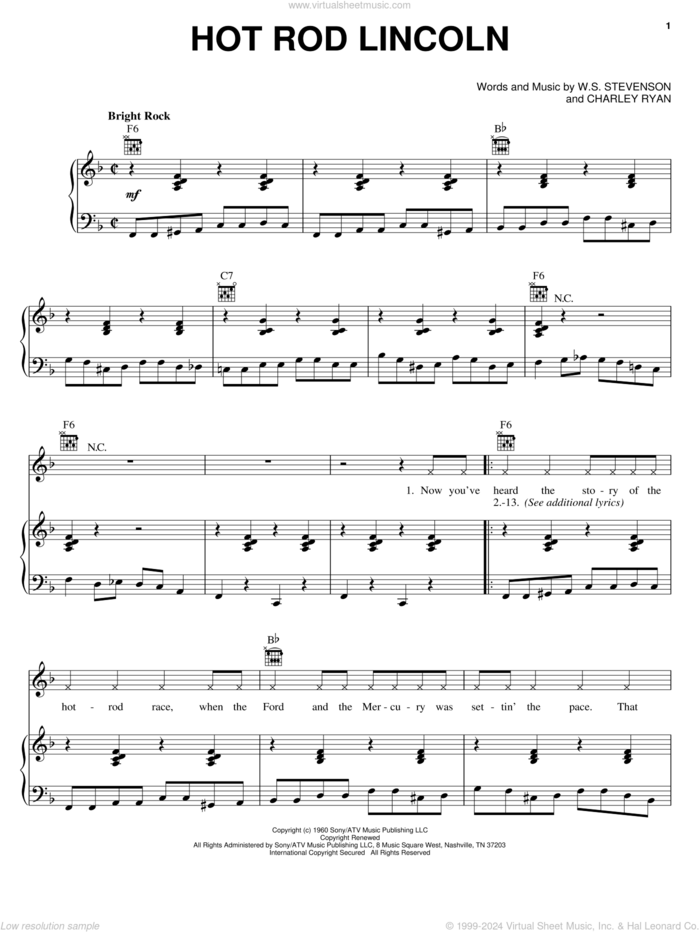 Hot Rod Lincoln sheet music for voice, piano or guitar by Charlie Ryan, Commander Cody, Charley Ryan and William Stevenson, intermediate skill level