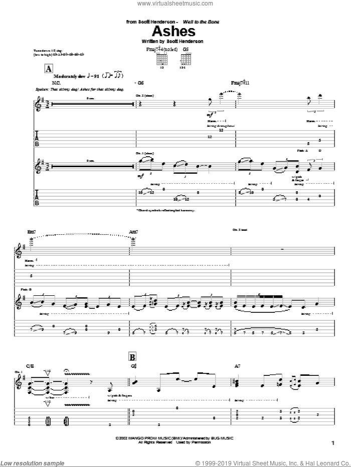 Ashes sheet music for guitar (tablature) by Scott Henderson, intermediate skill level