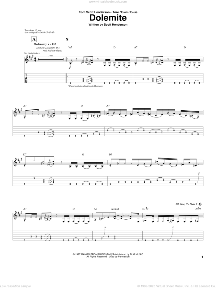 Dolemite sheet music for guitar (tablature) by Scott Henderson, intermediate skill level