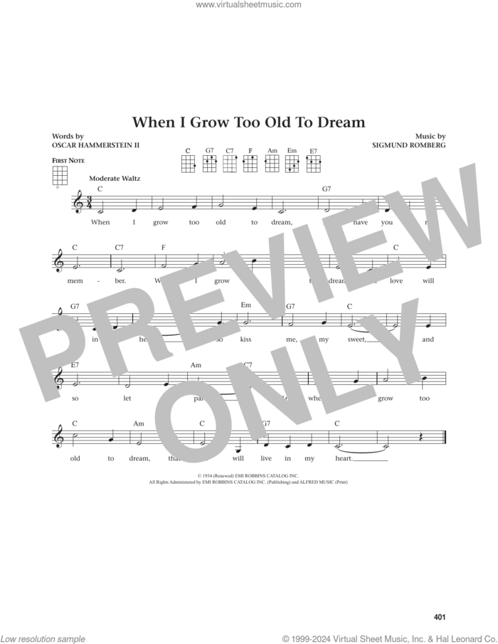 When I Grow Too Old To Dream (from The Daily Ukulele) (arr. Jim Beloff) sheet music for ukulele by Oscar II Hammerstein, Jim Beloff and Sigmund Romberg, intermediate skill level