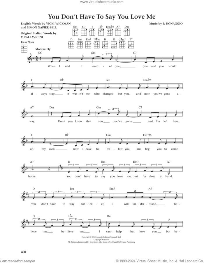 You Don't Have To Say You Love Me (from The Daily Ukulele) (arr. Jim Beloff) sheet music for ukulele by Elvis Presley, Jim Beloff, Dusty Springfield, P. Donaggio, Simon Napier-Bell, V. Pallavicini and Vicki Wickham, intermediate skill level