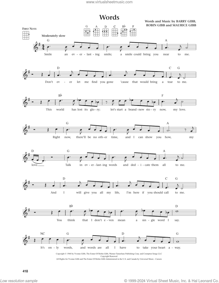 Words (from The Daily Ukulele) (arr. Jim Beloff) sheet music for ukulele by Bee Gees, Jim Beloff, Barry Gibb, Maurice Gibb and Robin Gibb, intermediate skill level