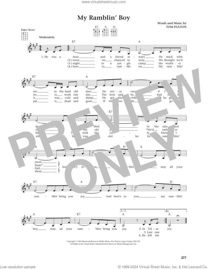 My Ramblin' Boy (from The Daily Ukulele) (arr. Jim Beloff) sheet music for ukulele by Tom Paxton and Jim Beloff, intermediate skill level