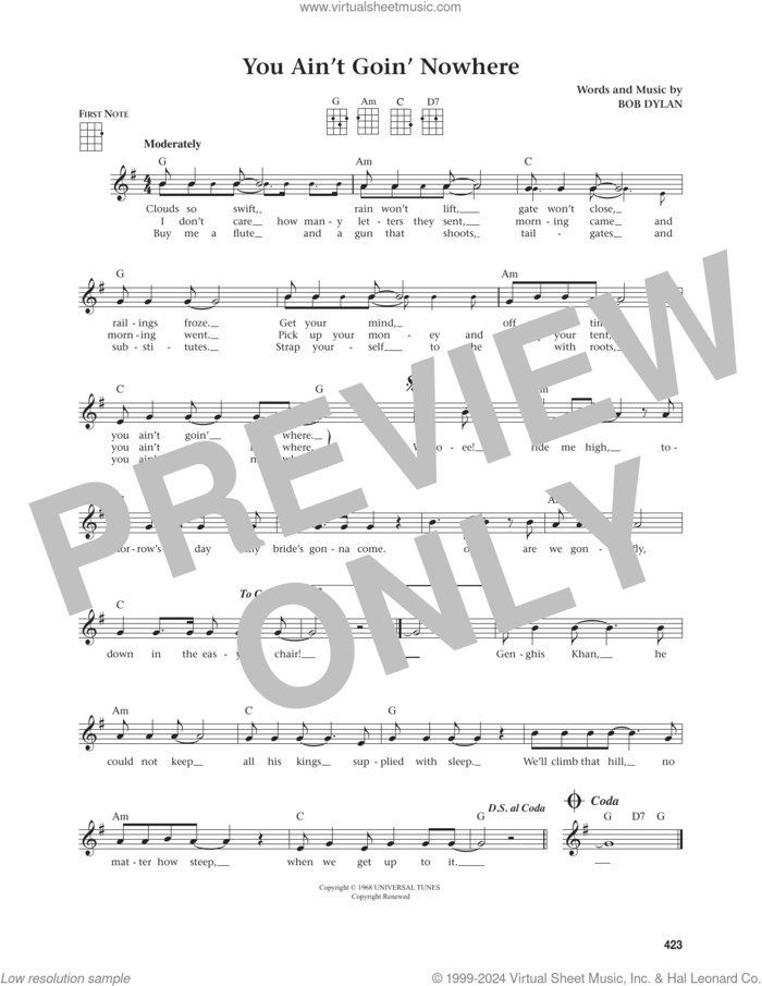 You Ain't Goin' Nowhere (from The Daily Ukulele) (arr. Jim Beloff) sheet music for ukulele by Bob Dylan and Jim Beloff, intermediate skill level