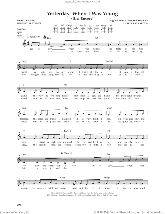 Yesterday, When I Was Young (Hier Encore) (from The Daily Ukulele) (arr. Jim Beloff) sheet music for ukulele by Roy Clark, Jim Beloff, Charles Aznavour and Herbert Kretzmer, intermediate skill level