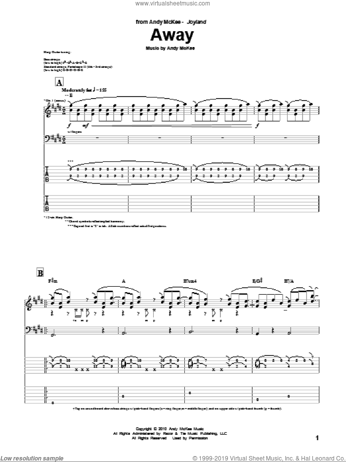 Away sheet music for guitar (tablature) by Andy McKee, intermediate skill level