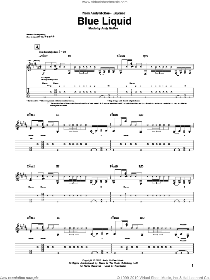 Blue Liquid sheet music for guitar (tablature) by Andy McKee, intermediate skill level