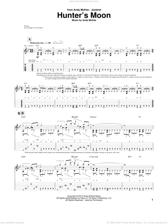 Hunter's Moon sheet music for guitar (tablature) by Andy McKee, intermediate skill level