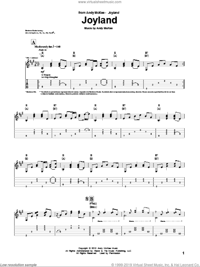 Joyland sheet music for guitar (tablature) by Andy McKee, intermediate skill level