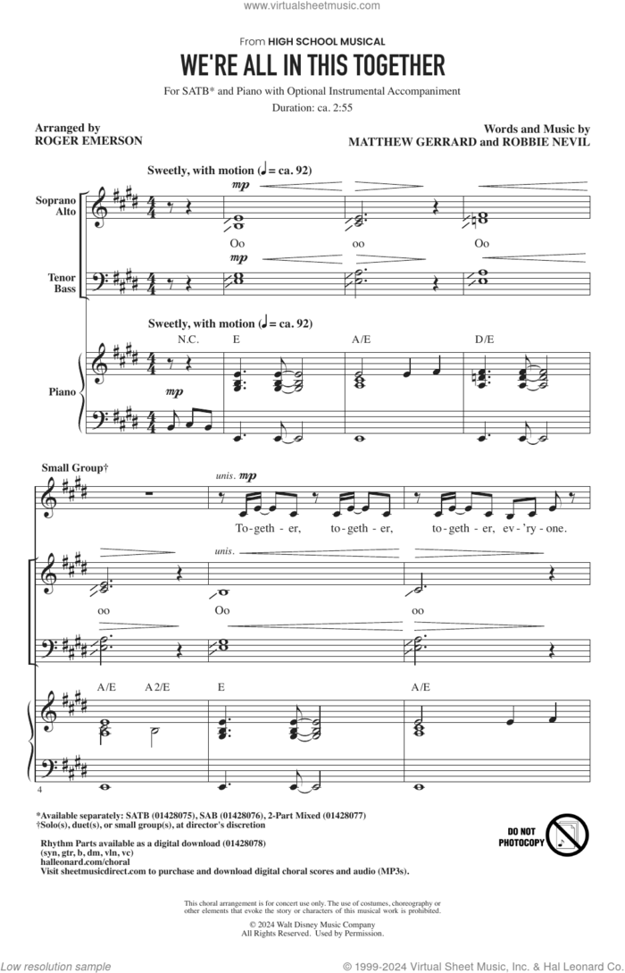 We're All In This Together (from High School Musical) (arr. Roger Emerson) sheet music for choir (SATB: soprano, alto, tenor, bass) by High School Musical Cast, Roger Emerson, Matthew Gerrard and Robbie Nevil, intermediate skill level