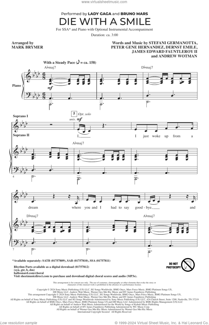 Die With A Smile (arr. Mark Brymer) sheet music for choir (SSA: soprano, alto) by Bruno Mars & Lady Gaga, Mark Brymer, Andrew Wotman, Dernst Emile, James Fauntleroy, Lady Gaga and Peter Gene Hernandez, intermediate skill level