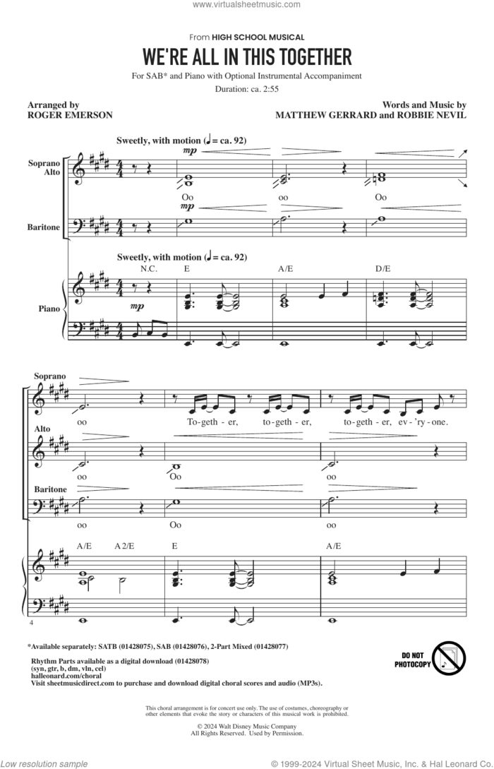 We're All In This Together (from High School Musical) (arr. Roger Emerson) sheet music for choir (SAB: soprano, alto, bass) by High School Musical Cast, Roger Emerson, Matthew Gerrard and Robbie Nevil, intermediate skill level