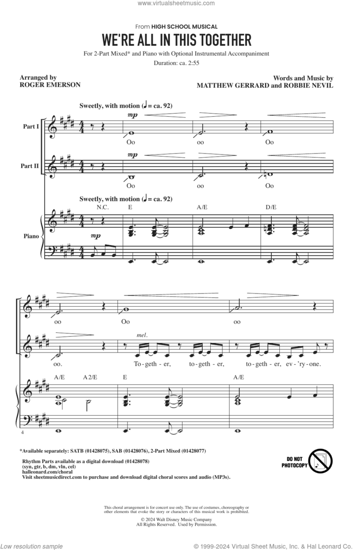 We're All In This Together (from High School Musical) (arr. Roger Emerson) sheet music for choir (2-Part Mixed) by High School Musical Cast, Roger Emerson, Matthew Gerrard and Robbie Nevil, intermediate skill level