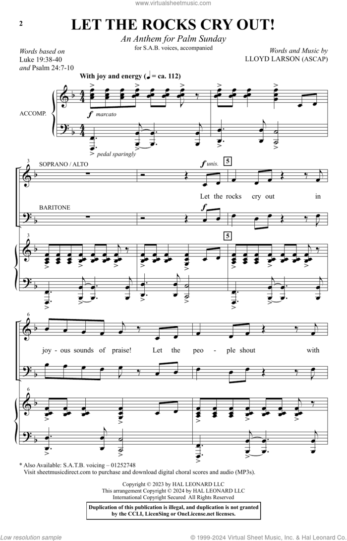 Let The Rocks Cry Out! (An Anthem For Palm Sunday) sheet music for choir (SAB: soprano, alto, bass) by Lloyd Larson, Luke 19:38-40 and Psalm 24:7-10, intermediate skill level