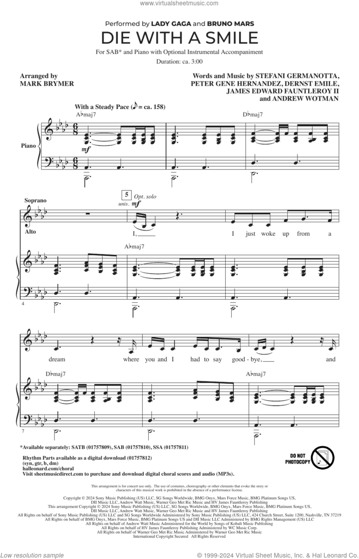 Die With A Smile (arr. Mark Brymer) sheet music for choir (SATB: soprano, alto, tenor, bass) by Bruno Mars & Lady Gaga, Mark Brymer, Andrew Wotman, Dernst Emile, James Fauntleroy, Lady Gaga and Peter Gene Hernandez, intermediate skill level