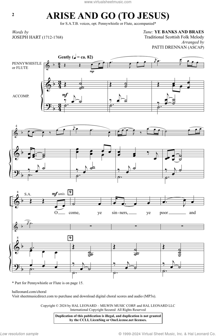 Arise And Go (To Jesus) sheet music for choir (SATB: soprano, alto, tenor, bass) by Patti Drennan, Joseph Hart and Trad. Scottish Folk Melody, intermediate skill level