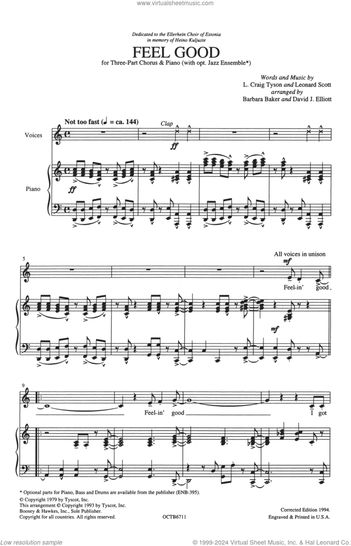 Feel Good (arr. Barbara Baker and David J. Elliot) sheet music for choir (SSA: soprano, alto) by L. Craig Tyson and Leonard Scott, Barbara Baker, David Elliott, L. Craig Tyson and Leonard Scott, classical score, intermediate skill level