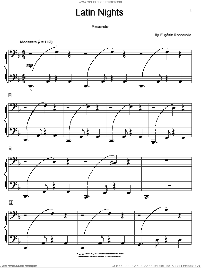 Latin Nights sheet music for piano four hands by Eugenie Rocherolle and Miscellaneous, intermediate skill level
