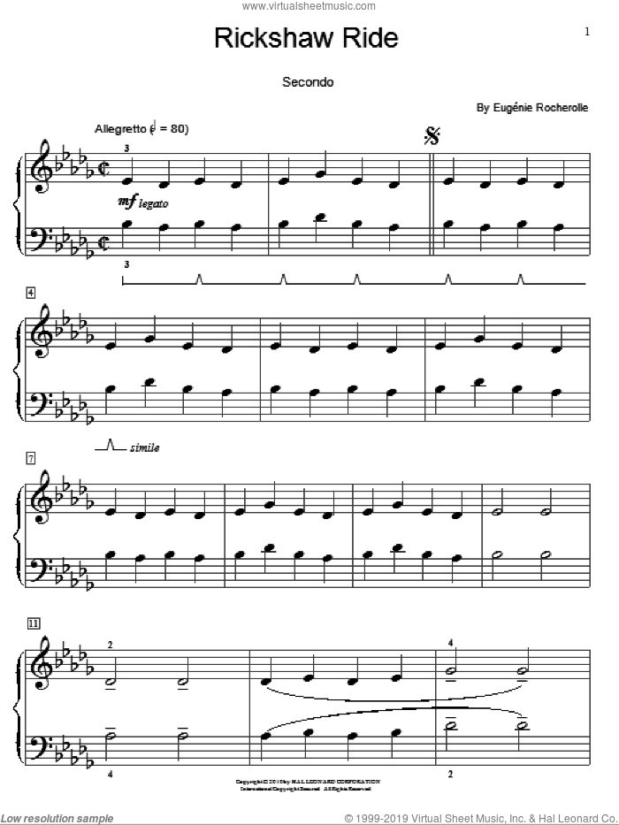 Rickshaw Ride sheet music for piano four hands by Eugenie Rocherolle and Miscellaneous, intermediate skill level