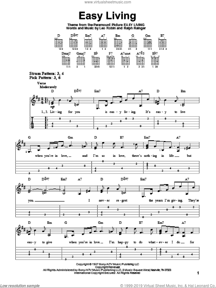 Easy Living sheet music for guitar solo (easy tablature) by Billie Holiday, Leo Robin and Ralph Rainger, easy guitar (easy tablature)