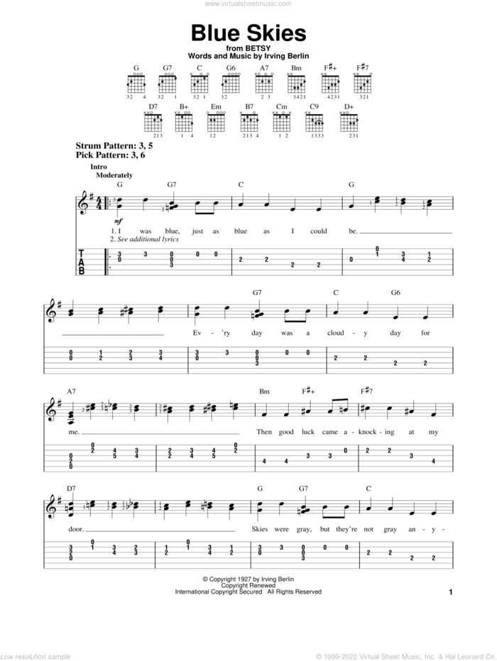 Blue Skies sheet music for guitar solo (easy tablature) by Irving Berlin, easy guitar (easy tablature)